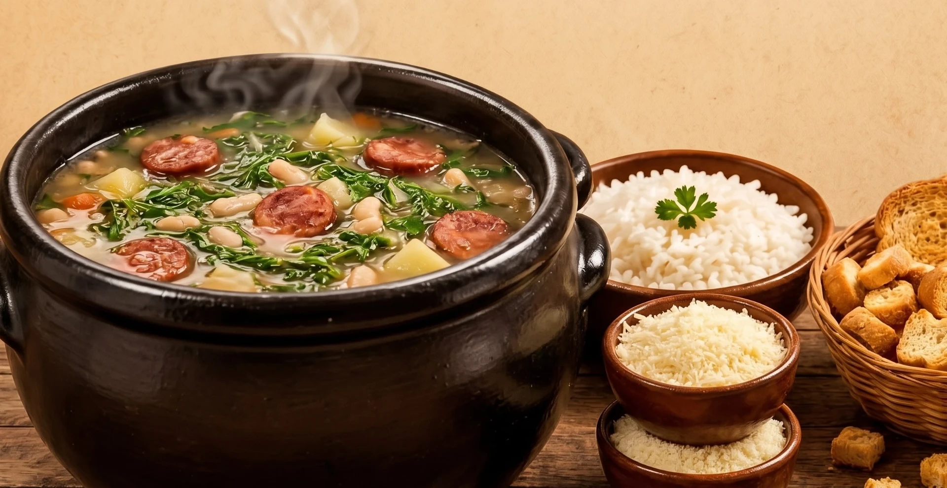 Caldo acompanhado de arroz, torradas e queijo ralado